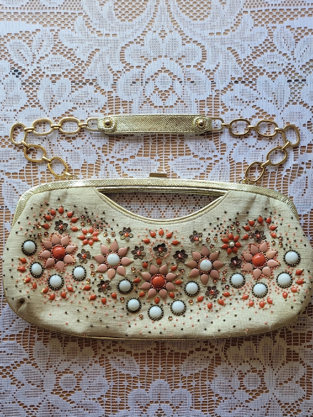 RAFE Canvas Coral and Ivory Floral Beaded Bag